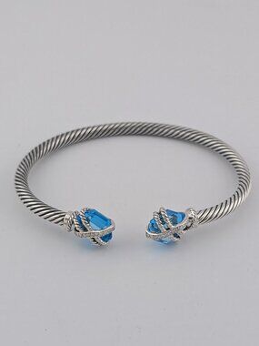David Yurman 4mm Sterling Silver Cuff Wrap Bracelet with Blue Topaz & Diamonds